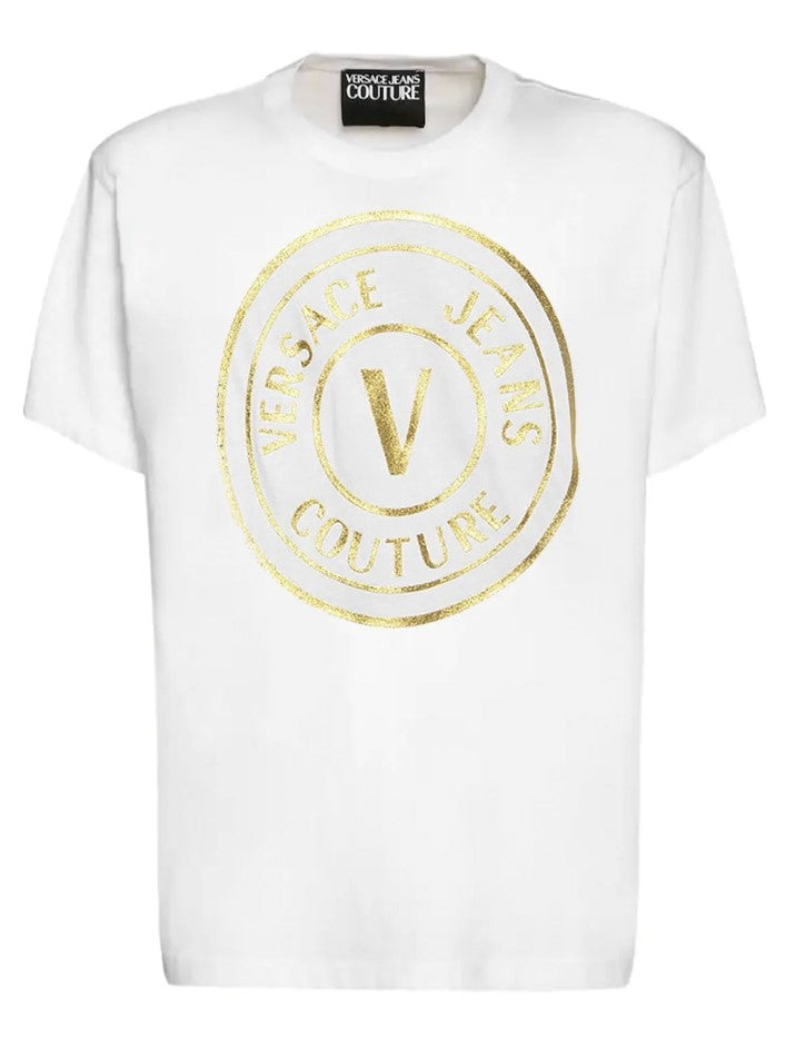 Versace T-shirt T-shirt 73GAHT05 T-SHIRT LOGO METALLIZZATO Bianco Oro