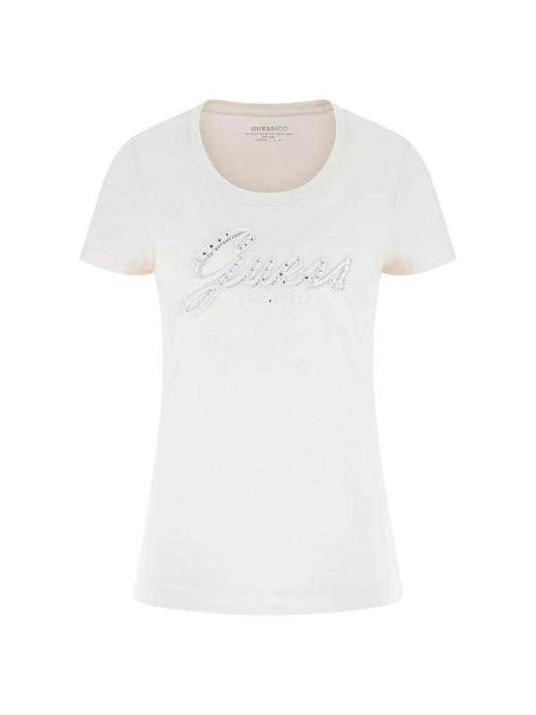 Guess T-shirt T-shirt CN SS EMBRO SCRIPT LOGO TEE Beige Crema