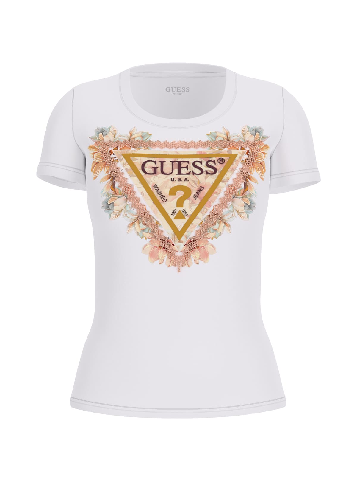 Guess T-shirt T-shirt SS TRIANGLE FLOWERS TEE Bianco