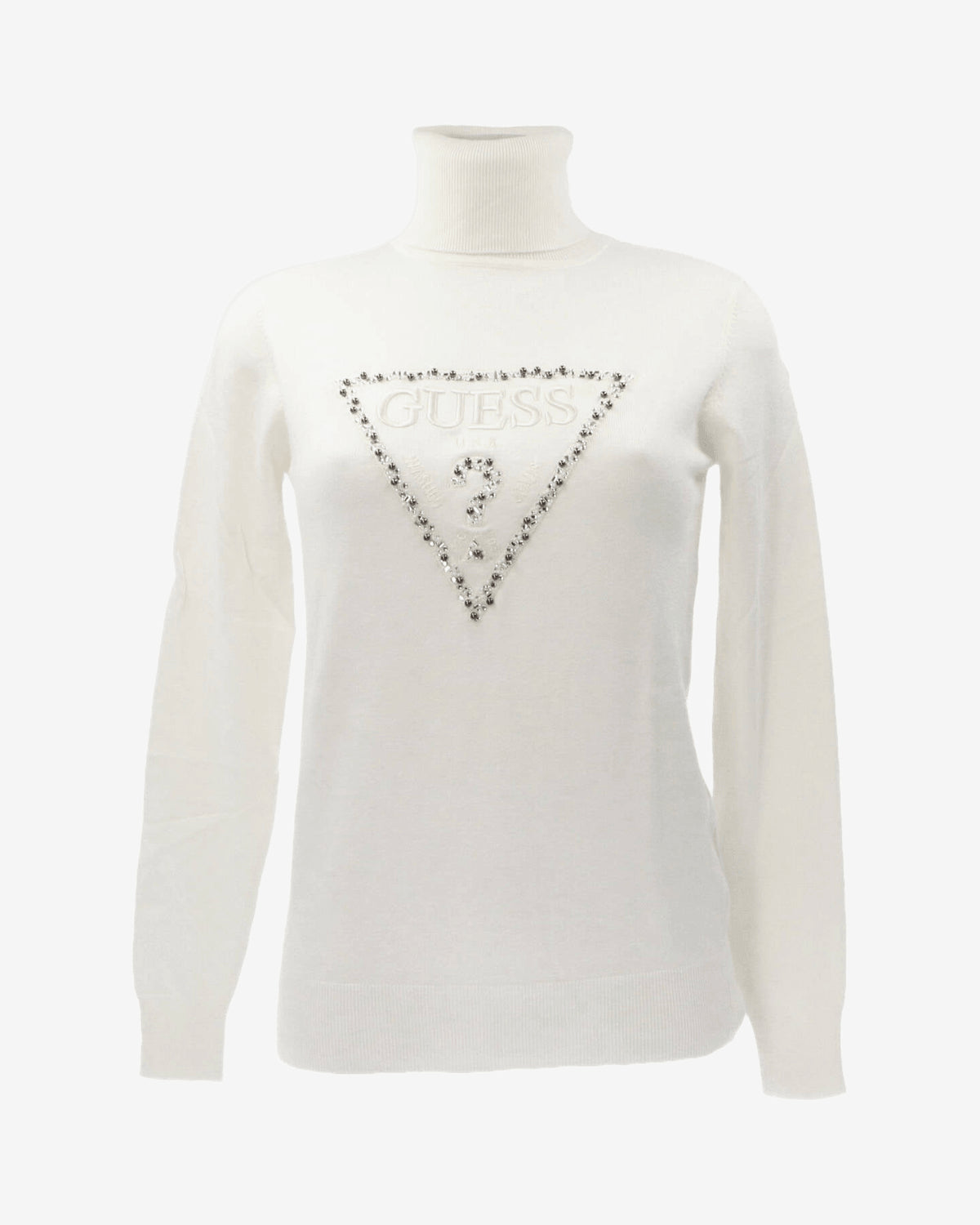 Guess Maglione Dolcevita Logo Strass Bianco