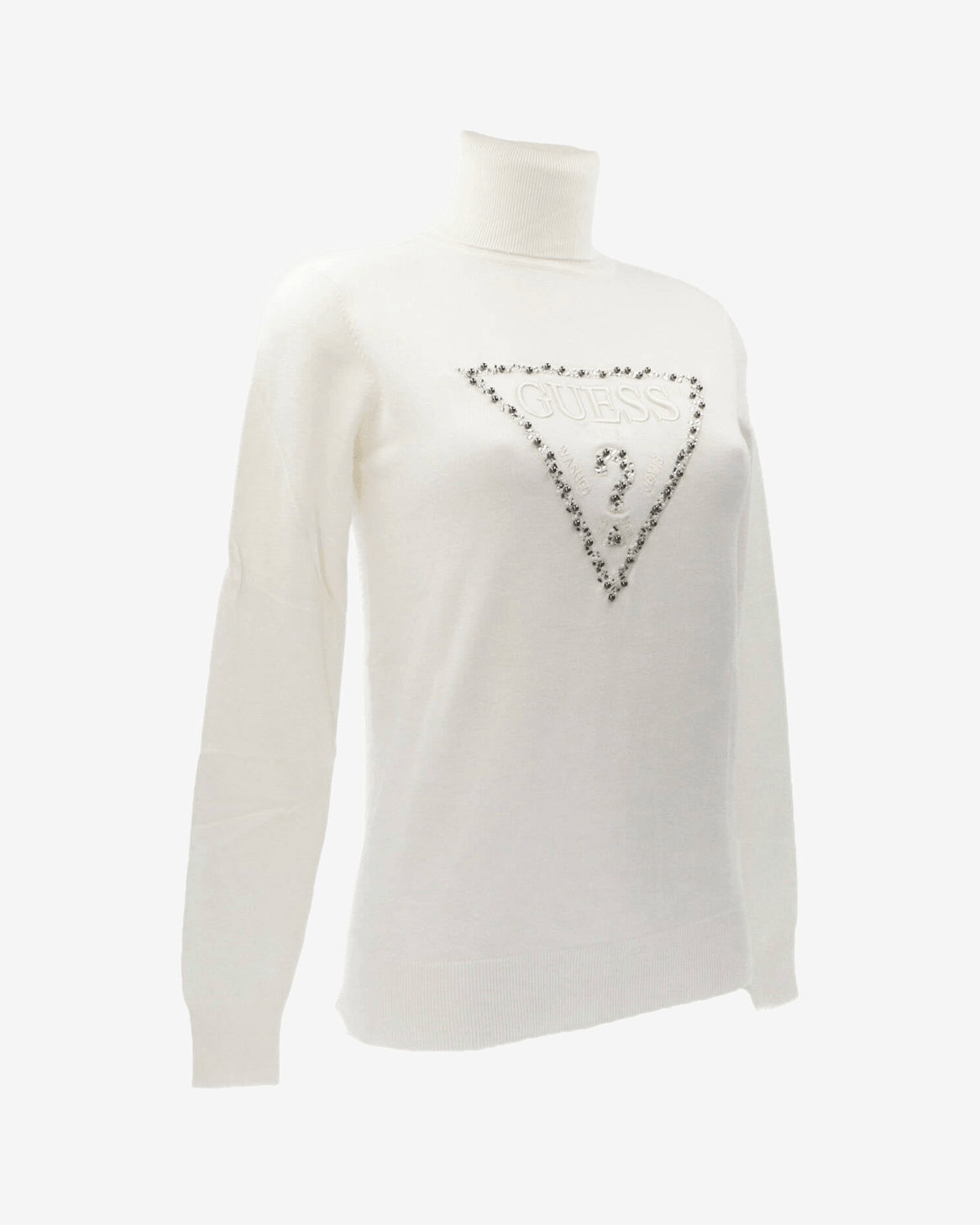 Guess Maglione Dolcevita Logo Strass Bianco
