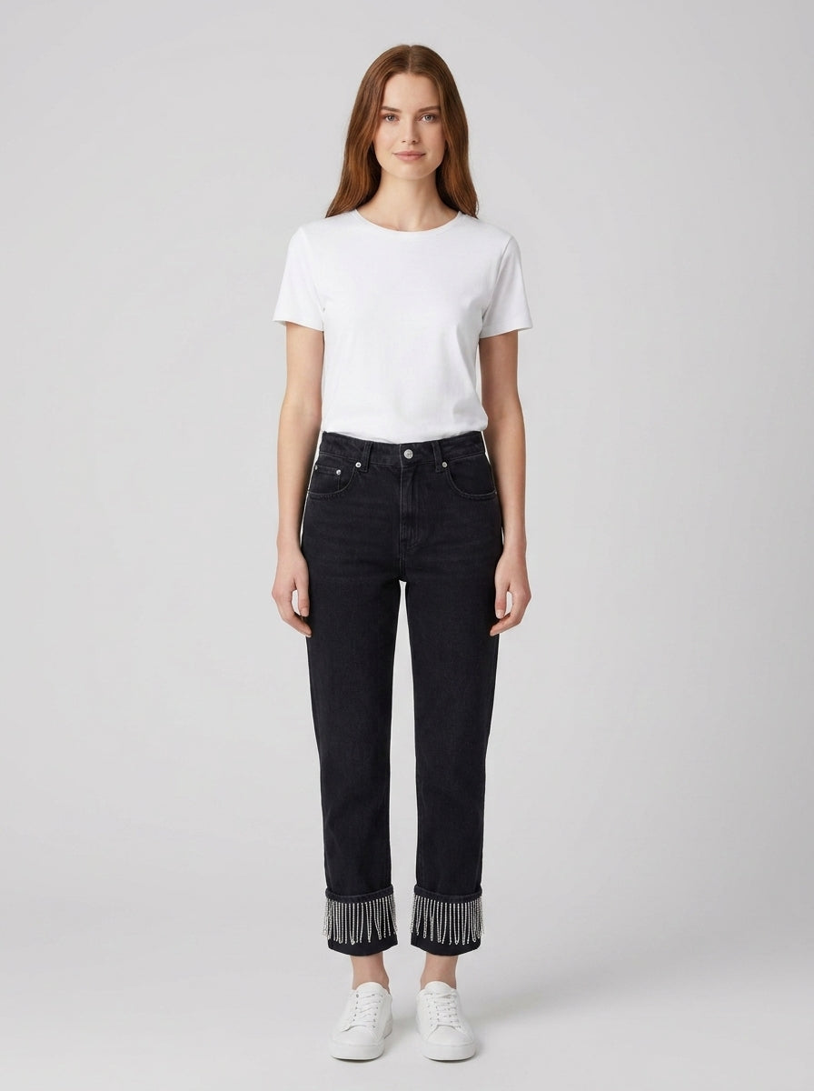Jeans Denim frange strass 91111 - foto indossata