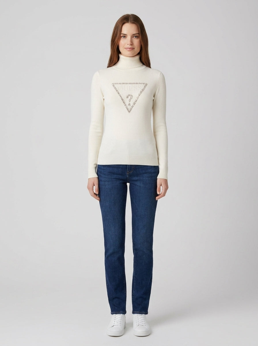 Maglione Guess Logo Strass Bianco Donna - foto indossata
