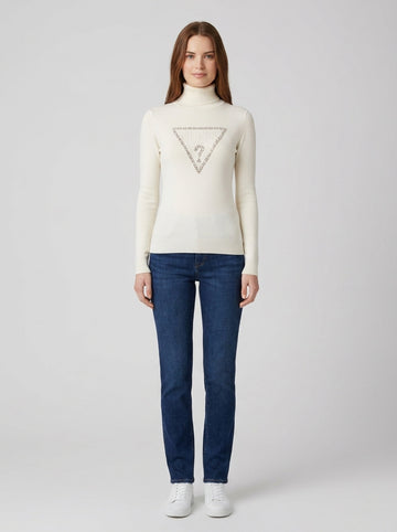 Maglione Guess Logo Strass Bianco Donna - foto indossata