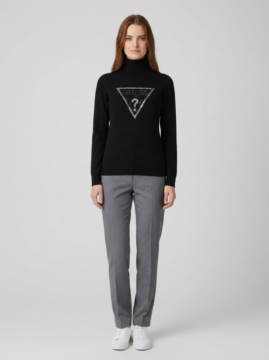 Guess Maglione Dolcevita Logo Strass Bianco - foto indossata