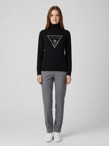 Guess Maglione Dolcevita Logo Strass Bianco - foto indossata