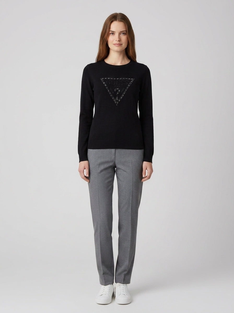 Guess Maglione Logo Strass Nero Donna - foto indossata